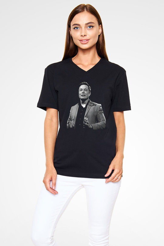 Elon Musk Baskılı Unisex Siyah V Yaka Tişört - Tshirt