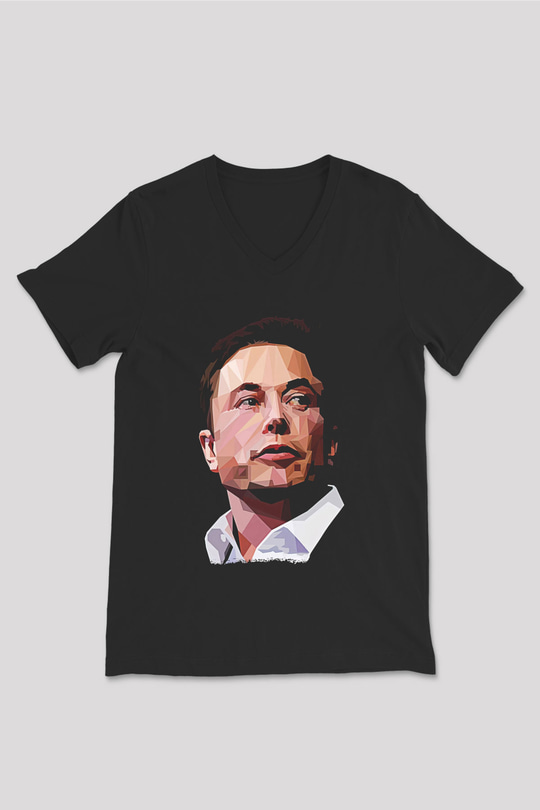 Elon Musk Baskılı Unisex Siyah V Yaka Tişört - Tshirt