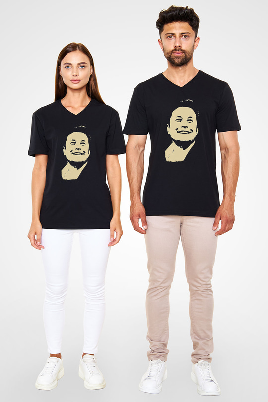 Elon Musk Baskılı Unisex Siyah V Yaka Tişört - Tshirt