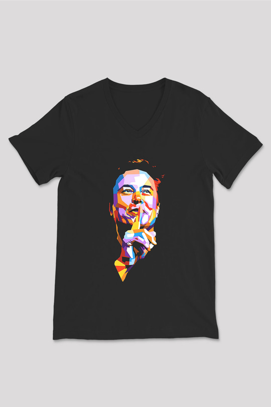 Elon Musk Baskılı Unisex Siyah V Yaka Tişört - Tshirt