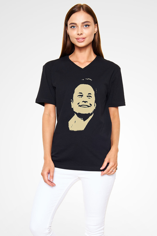 Elon Musk Baskılı Unisex Siyah V Yaka Tişört - Tshirt