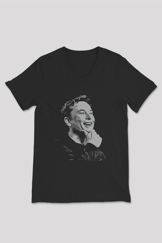 Elon Musk Baskılı Unisex Siyah V Yaka Tişört - Tshirt