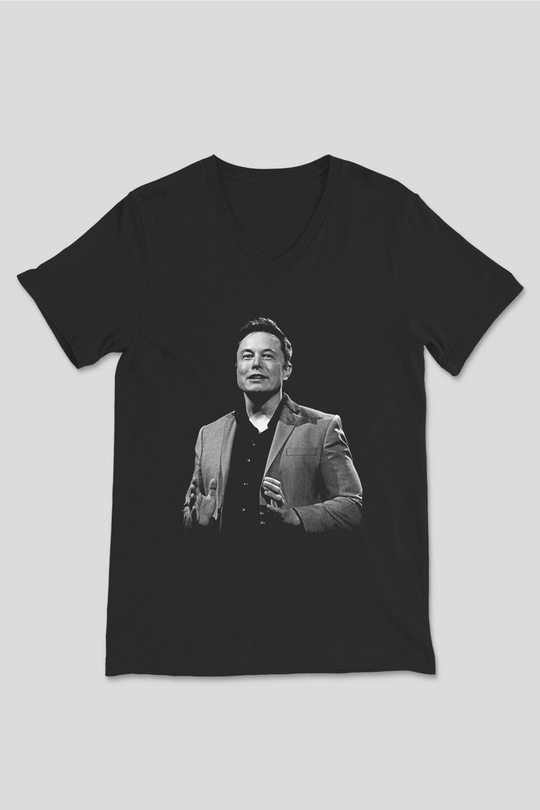 Elon Musk Baskılı Unisex Siyah V Yaka Tişört - Tshirt