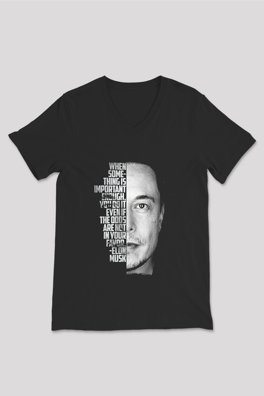 Elon Musk Baskılı Unisex Siyah V Yaka Tişört - Tshirt
