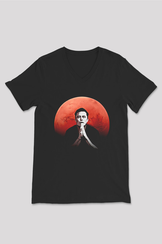Elon Musk Baskılı Unisex Siyah V Yaka Tişört - Tshirt