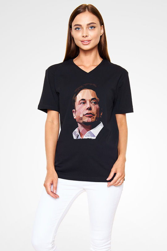 Elon Musk Baskılı Unisex Siyah V Yaka Tişört - Tshirt