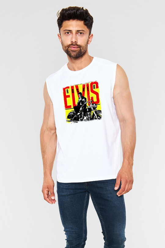 Elvis Presley Baskılı Unisex Beyaz Kolsuz Tişört