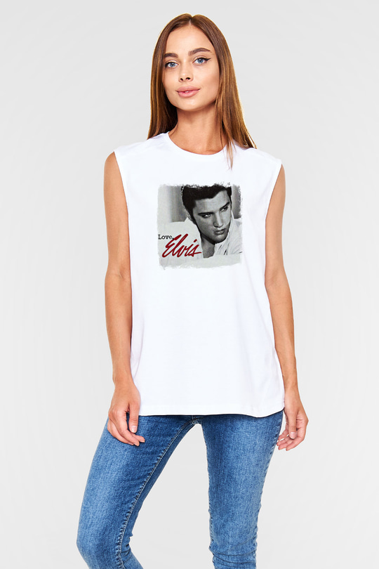 Elvis Presley Baskılı Unisex Beyaz Kolsuz Tişört