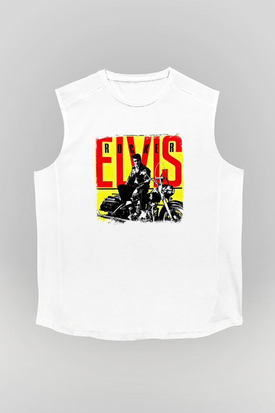 Elvis Presley Baskılı Unisex Beyaz Kolsuz Tişört