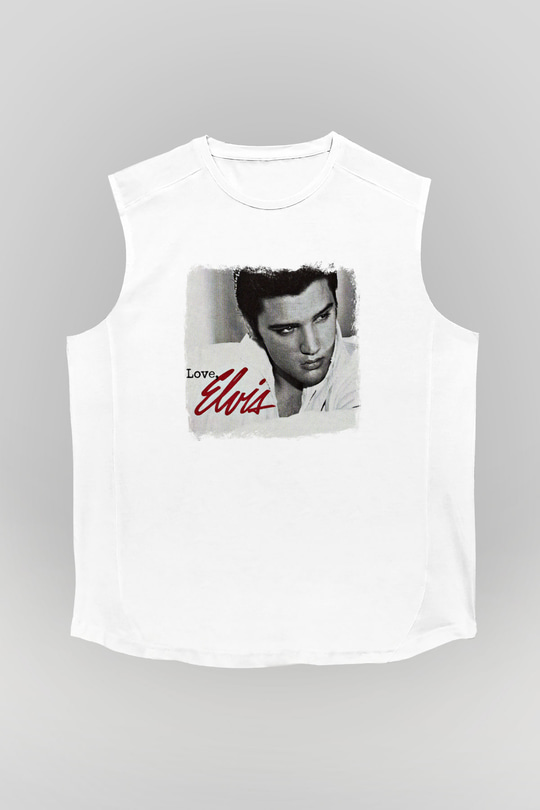 Elvis Presley Baskılı Unisex Beyaz Kolsuz Tişört