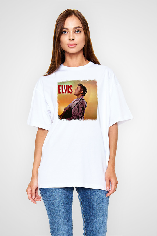 Elvis Presley Baskılı Unisex Beyaz Oversize Tişört