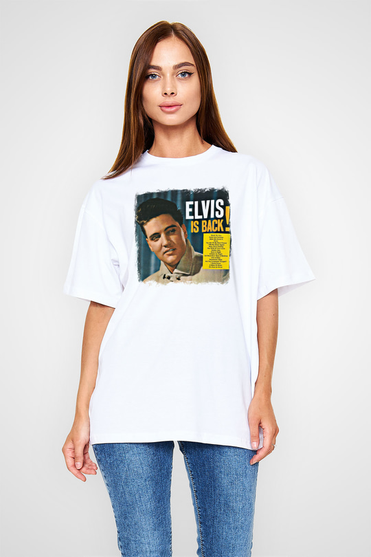 Elvis Presley Baskılı Unisex Beyaz Oversize Tişört