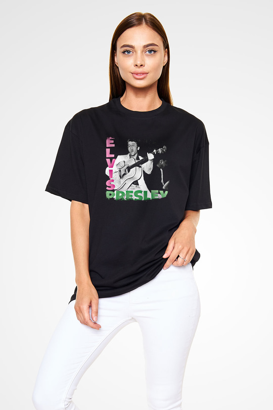 Elvis Presley Baskılı Unisex Siyah Oversize Tişört