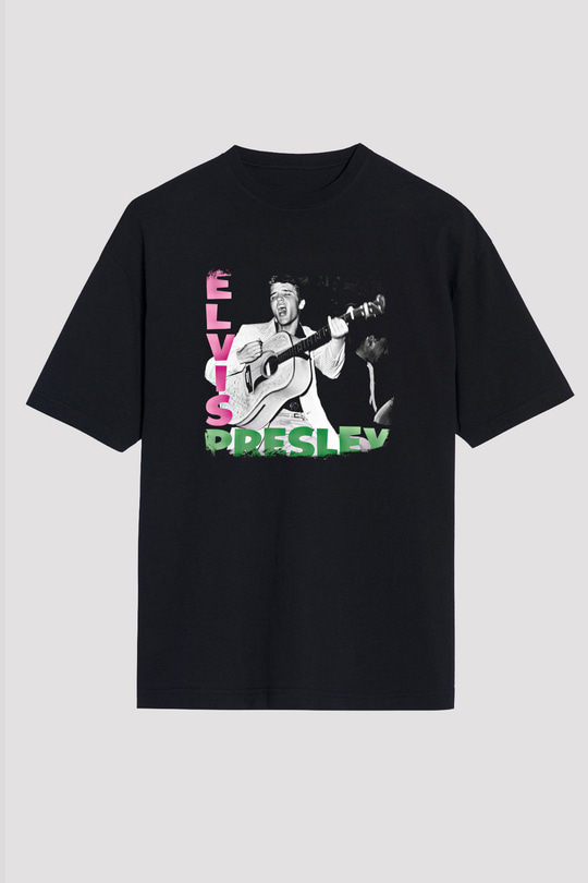 Elvis Presley Baskılı Unisex Siyah Oversize Tişört