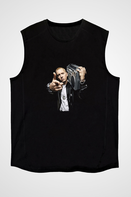 Eminem Baskılı Unisex Siyah Kolsuz Tişört
