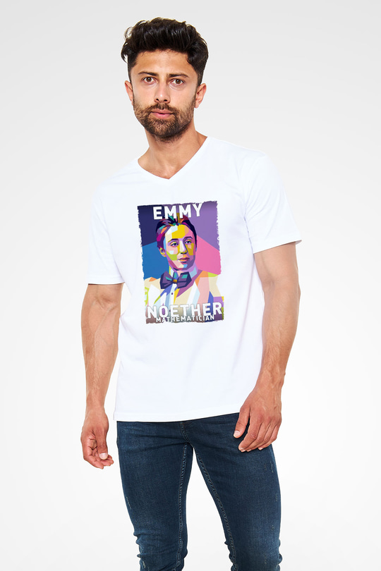 Emmy Noether Baskılı Unisex V Yaka Beyaz Tişört - Tshirt