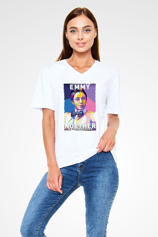 Emmy Noether Baskılı Unisex V Yaka Beyaz Tişört - Tshirt