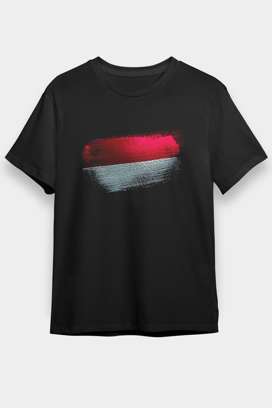 Endonezya - İndonesia Bayrağı Baskılı Unisex Siyah Tişört