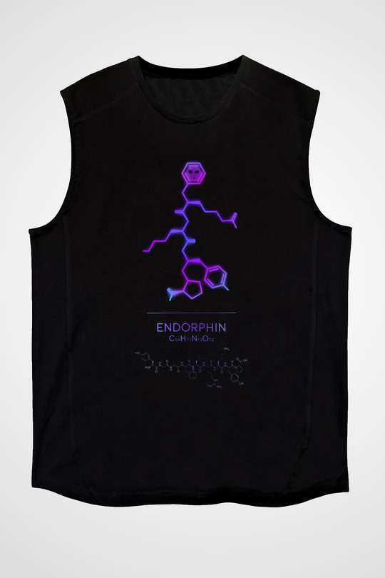Endorfin Molekülü Baskılı Unisex Kolsuz Siyah Tişört - Tshirt