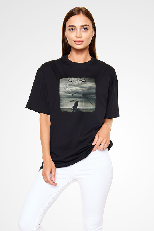 Enslaved Baskılı Unisex Siyah Oversize Tişört