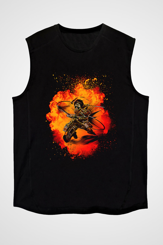 Eren Jaeger Baskılı Unisex Siyah Kolsuz Tişört - Tshirt