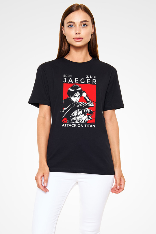 Eren Jaeger Baskılı Unisex Siyah Tişört - Tshirt