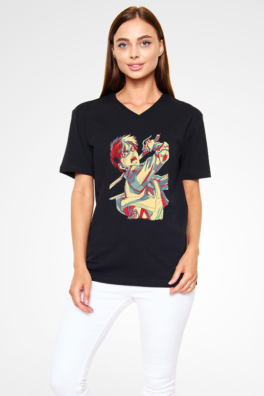 Eren Jaeger Baskılı Unisex Siyah V Yaka Tişört - Tshirt