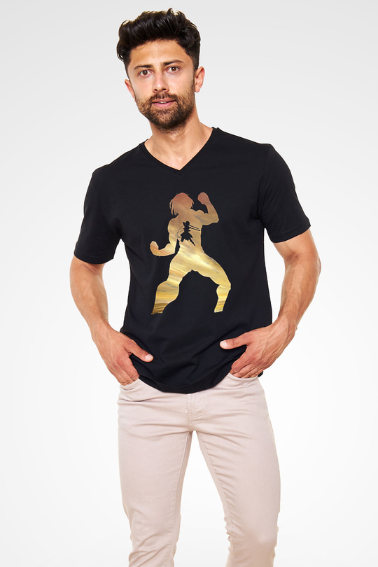Eren Jaeger Baskılı Unisex Siyah V Yaka Tişört - Tshirt