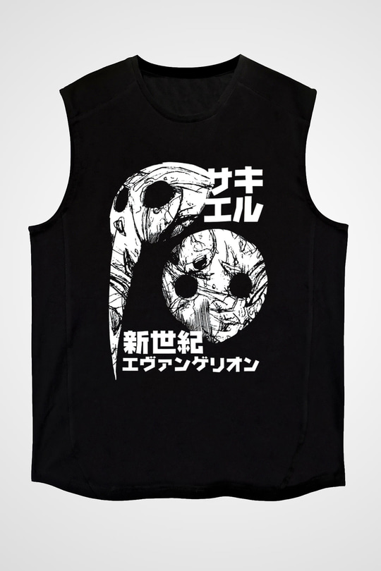 Evangelion Baskılı Unisex Siyah Kolsuz Tişört - Tshirt