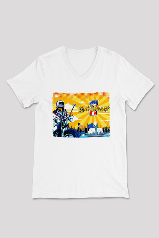 Evel Knievel Beyaz Unisex  V Yaka Tişört