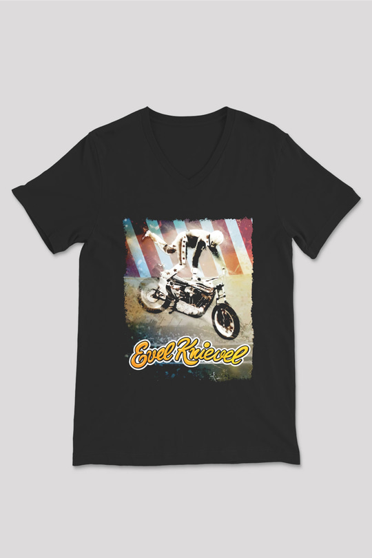 Evel Knievel Siyah Unisex  V Yaka Tişört