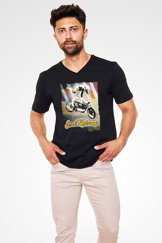 Evel Knievel Siyah Unisex  V Yaka Tişört
