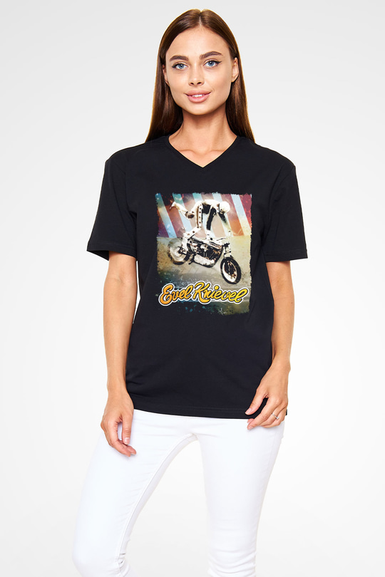 Evel Knievel Siyah Unisex  V Yaka Tişört