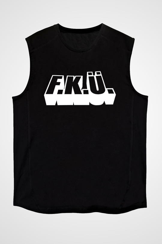 F.K.Ü Baskılı Unisex Siyah Kolsuz Tişört - Tshirt