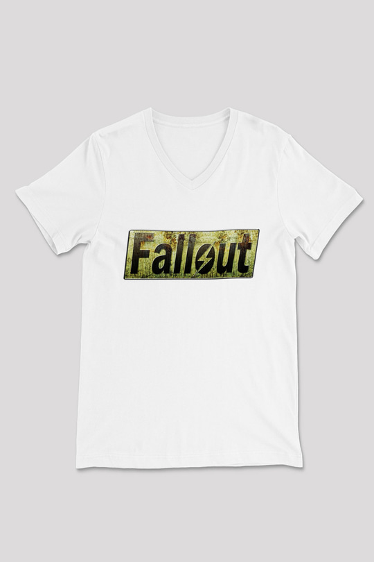 Fallout Beyaz Unisex V Yaka Tişört T-Shirt