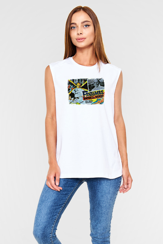 Fantomas Baskılı Unisex Beyaz Kolsuz Tişört