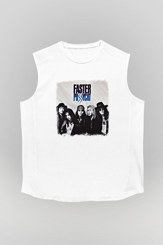 Faster Pussycat Baskılı Unisex Beyaz Kolsuz Tişört