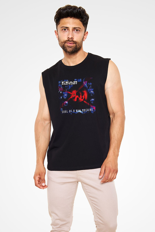 Fear Factory Baskılı Unisex Siyah Kolsuz Tişört