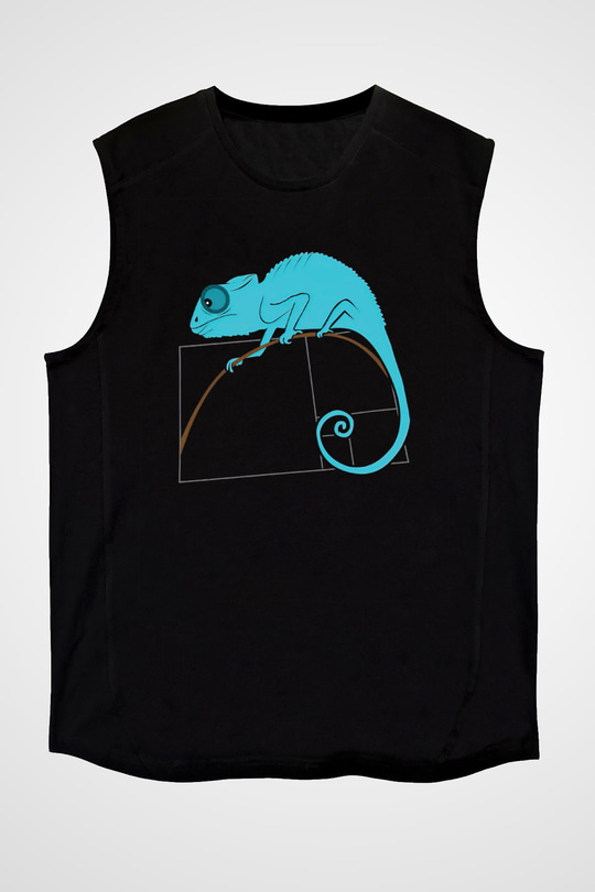 Fibonacci Spirali Bukalemun Baskılı Unisex Kolsuz Siyah Tişört - Tshirt