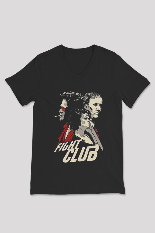 Fight Club (Tyler Durden) Baskılı Unisex Siyah V Yaka Tişört - Tshirt