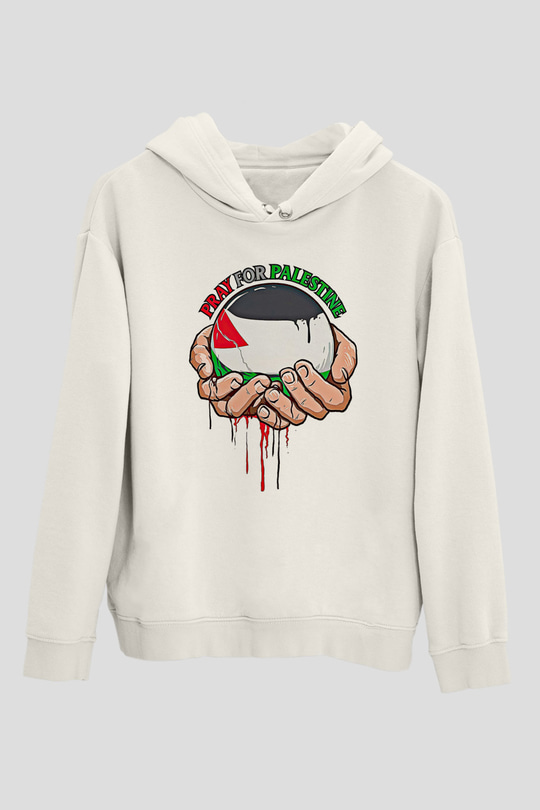 Filistin Baskılı Beyaz Unisex Kapüşonlu Sweatshirt