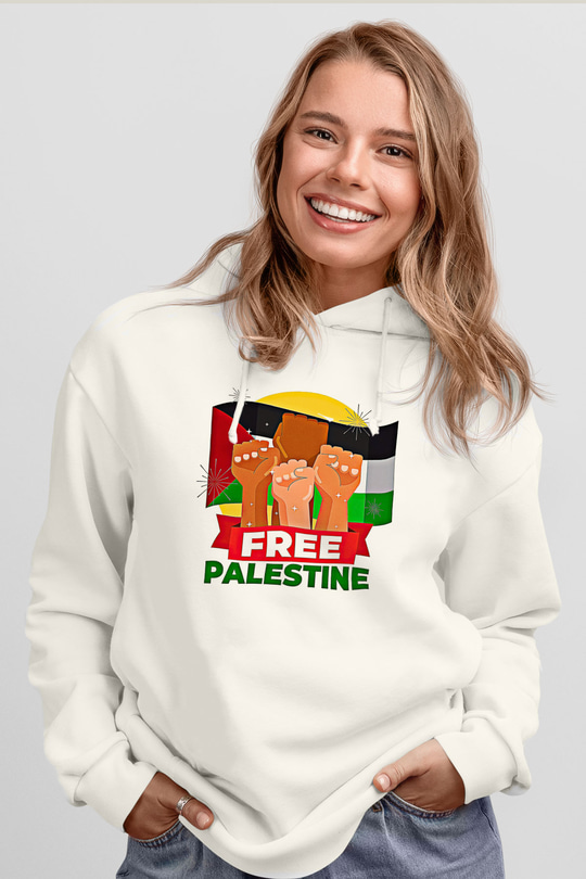 Filistin Baskılı Beyaz Unisex Kapüşonlu Sweatshirt
