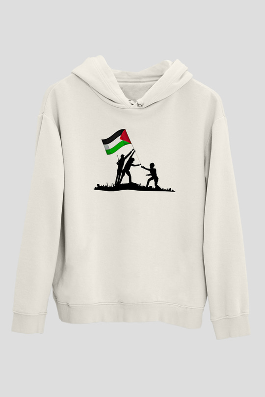 Filistin Baskılı Beyaz Unisex Kapüşonlu Sweatshirt