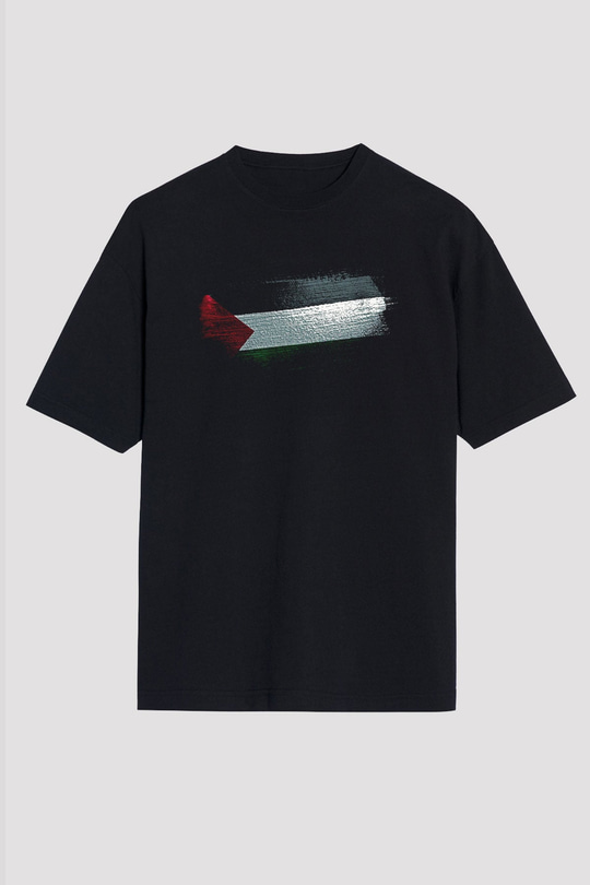 Filistin - Palestine Bayrağı Baskılı Unisex Siyah Oversize Tişört