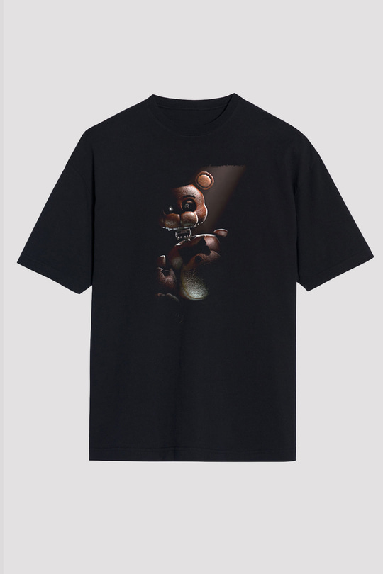 Five Nights At Freddy Baskılı Unisex Siyah Oversize Tişört - Tshirt