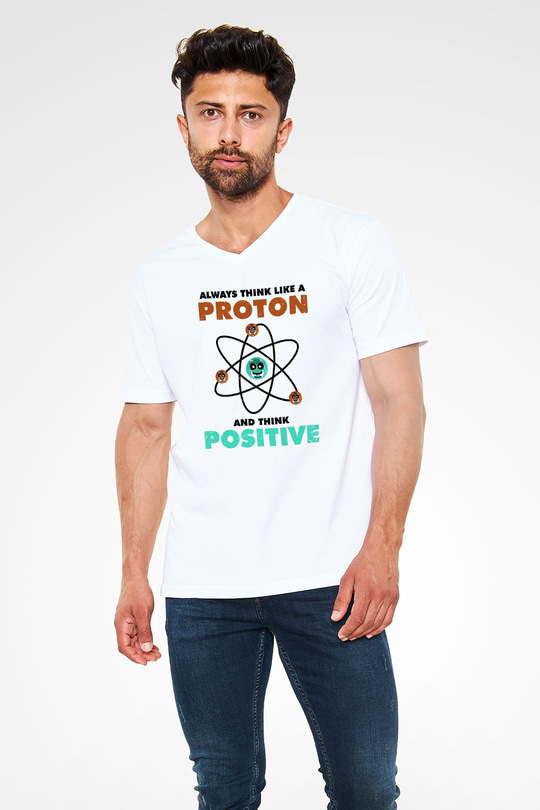 Fizik Atom Proton Pozitif Baskılı Unisex V Yaka Beyaz Tişört - Tshirt