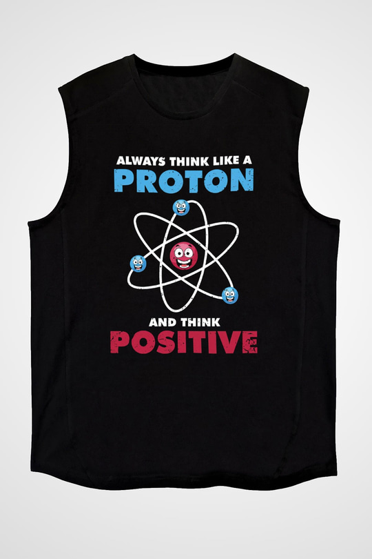 Fizik Atom Proton Pozitif Baskılı Unisex Kolsuz Siyah Tişört - Tshirt