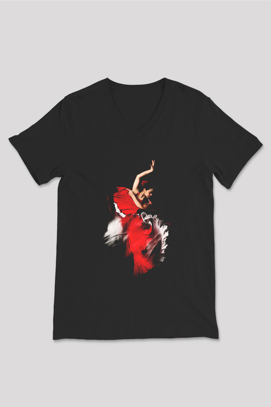 Flamenko Siyah Unisex V Yaka Tişört T-Shirt