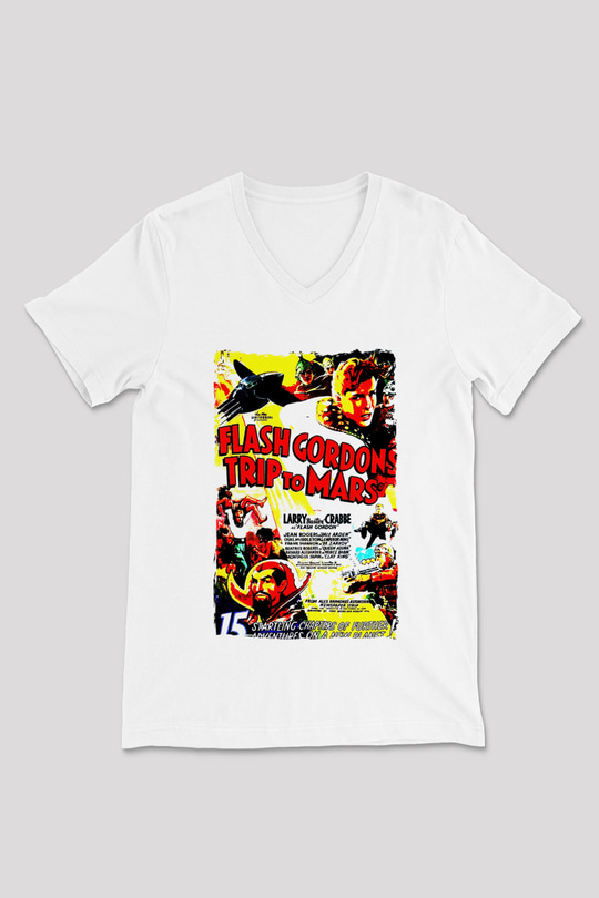 Flash Gordon Beyaz Unisex  V Yaka Tişört