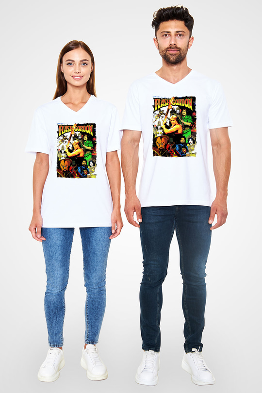 Flash Gordon Beyaz Unisex  V Yaka Tişört